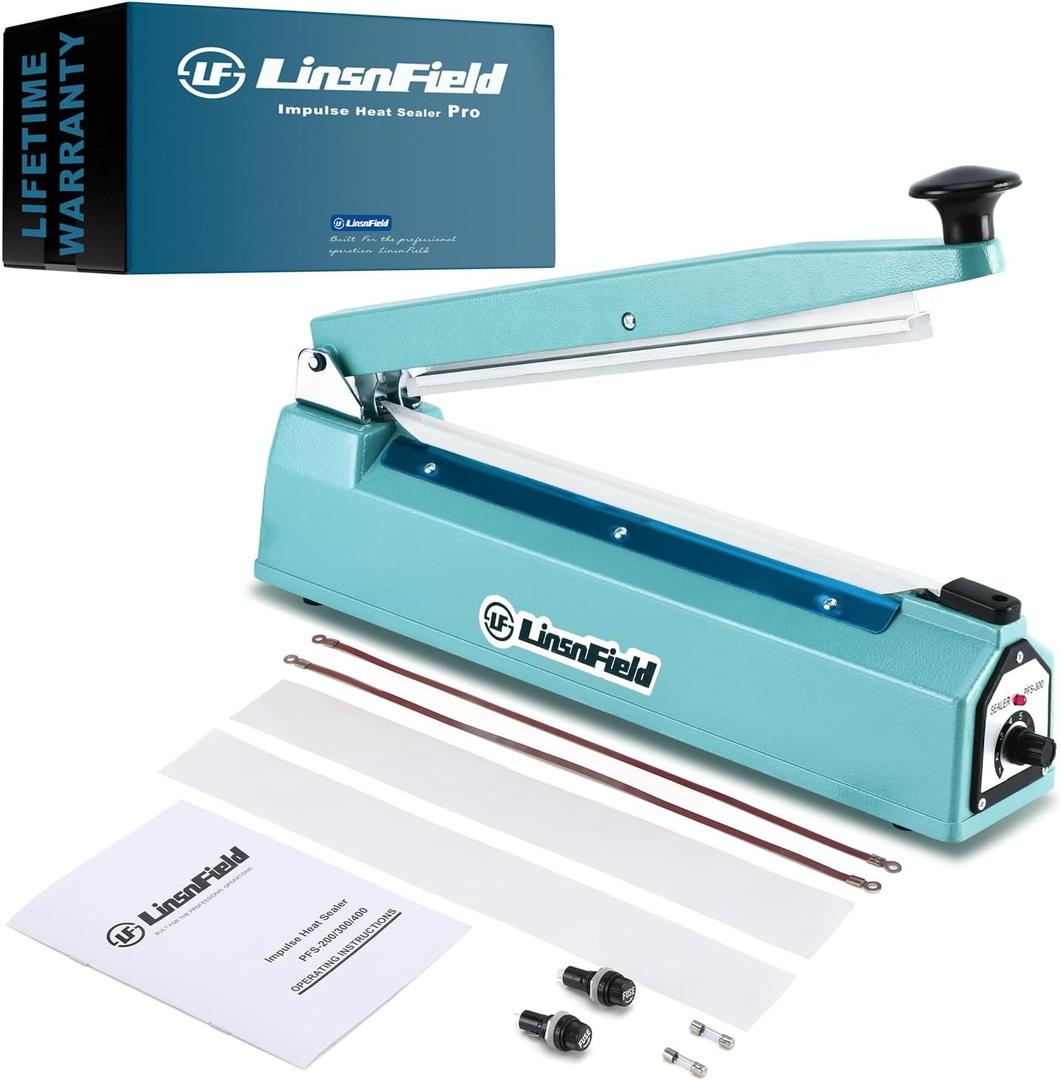 Sealer Pro, Patented 12inch Impulse Heat Bag Sealer, 7mm Sealing Width Poly Bag Seal Machine, 2 Replacement Kits 2 Fuses Included, Blue