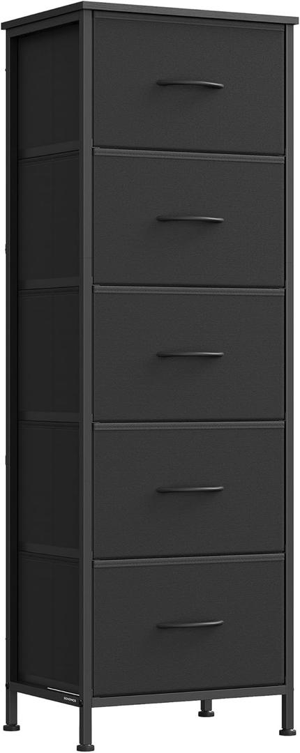SONGMICS Dresser for Bedroom, Chest of Drawers, Steel, MDF, 5 Non-Woven Fabric Drawers, Storage Organizer Unit, Closet, Entryway, Ink Black and Ebony Black ULGS315B01S