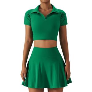 2 Piece Tennis Dress for Women High Waist Pleated Tennis Skirt with Shorts Short Sleeve Crop Golf Workout Skirts Sets (Green, XL)