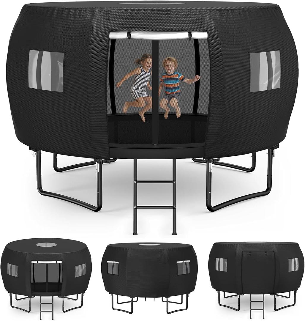 STARTWO 14FT Outdoor Trampoline Cover/Tent, Fit for 8 Curved Poles Round Trampoline, Waterproof UV-Resistant Windproof, Easy to Install, Black(Cover Only)