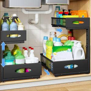 2 Pack Under Sink Organizer, 2 Tier Pull Out Under Cabinet Organizer Shelf with Pad for Framed Cabinets, Metal Slide Out Under Sink Storage, Mesh Sliding Drawers for Kitchen Bathroom Laundry,Black