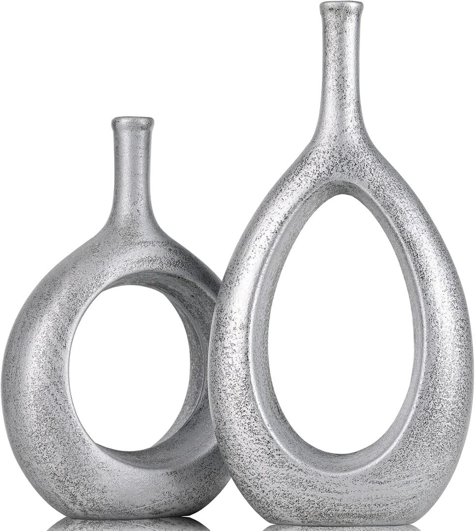 Vintage Silver Ceramic Vase Set 2, Modern Hollow Circle with Hole Flower Vase for Home Decor, for Table Centerpieces, Farmhouse, Fireplace, Living Room, Bedroom, Office, Bookshelf, Rustic Decor