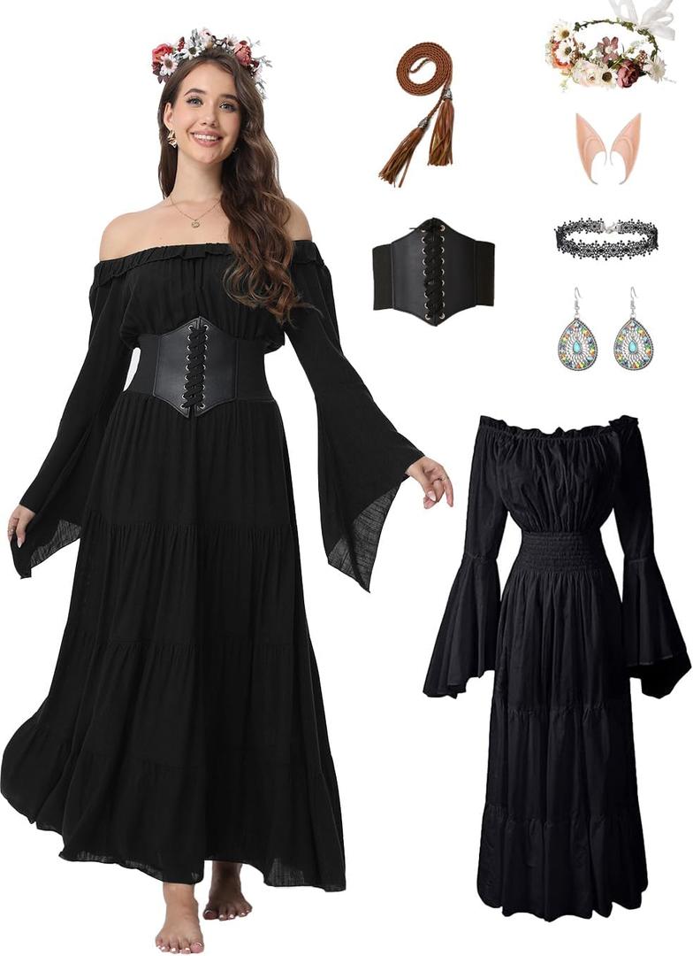 7 Pcs Halloween Medieval Renaissance Witch Dress for Women, Victorian Vintage Gothic Cosplay Fairy Costumes (Large, Black)