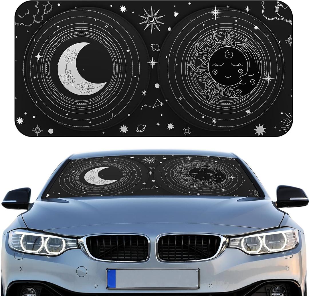 Windshield Sun Shade Foldable Car Front Window Covers for Car Accessories Sun Heat UV Rays Visor Protector Protection for Universal Cars SUV Truck (Sun Moon)