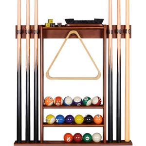 XCSOURCE Pool Cue Rack Only, Pool Stick Holder Wall Mount, 6 Pool Billiard Stick + Ball Set Pool Cue Holder, Pool Table Accessories for Billiard Room Man cave (Cherry)
