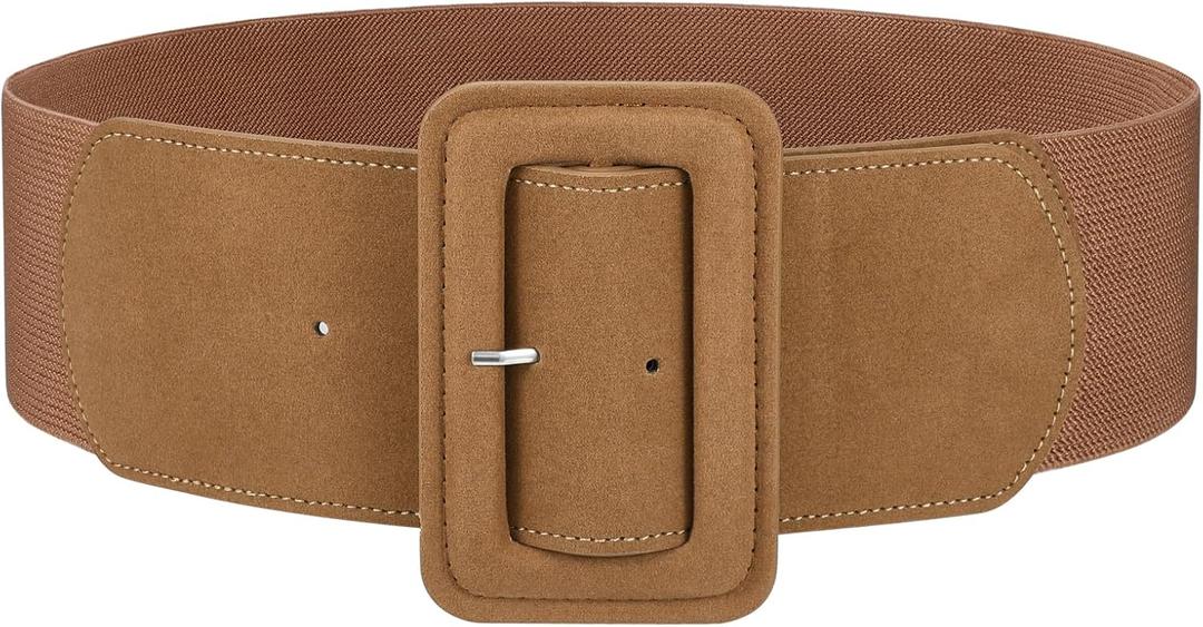 JASGOOD Women Wide Stretchy Belt for Dress Wide Suede Elastic Belt with Vintage Chunky Square Buckle (Fit Waist Size 30"-33", Brown)