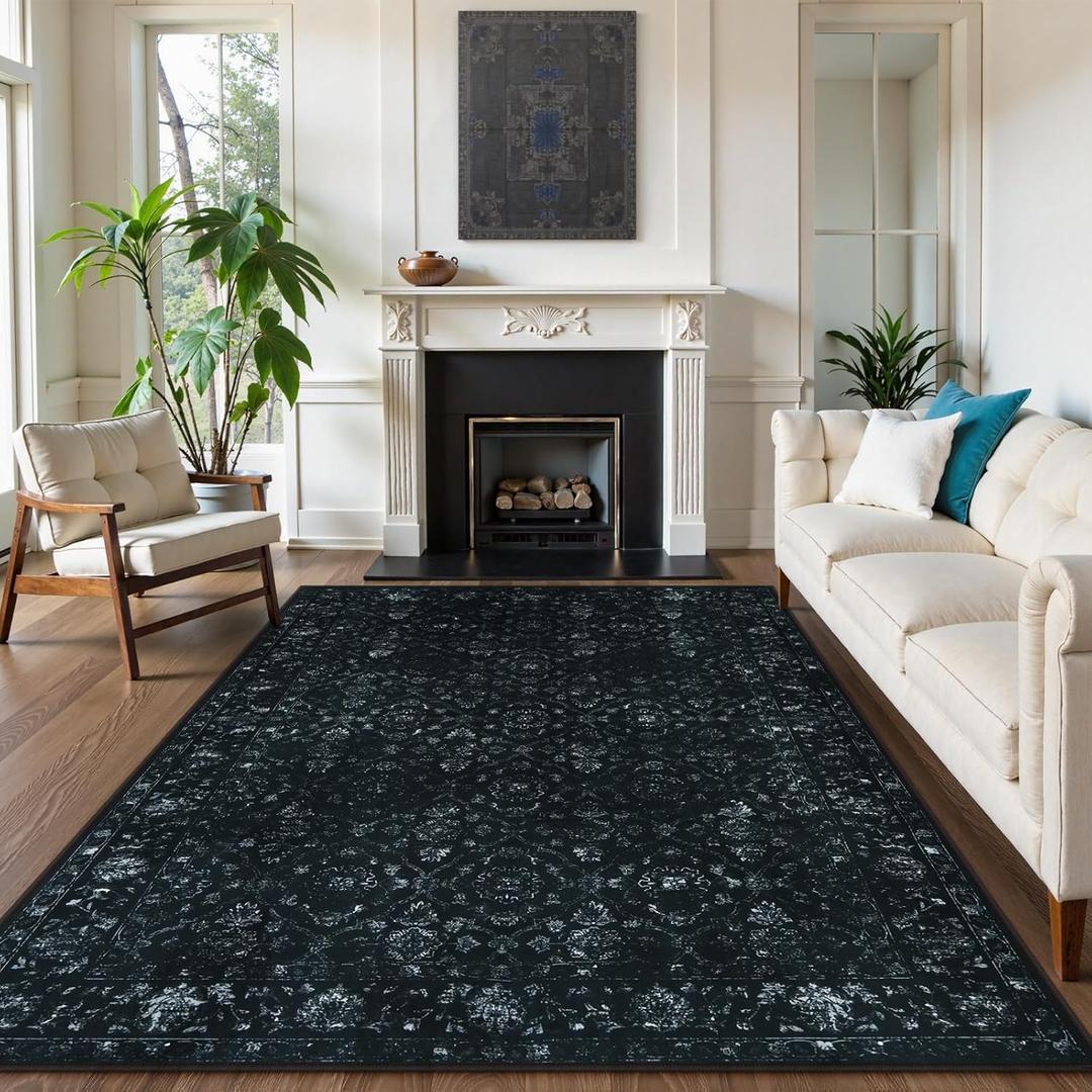 Hedlive Vintage Washable Black Rugs for Bedroom, Ultra-Thin Soft 6x9 Area Rugs for Living Room Non Slip, Stain Resistant Boho Carpet Rug for Dining Room Office (6'x9', Black)