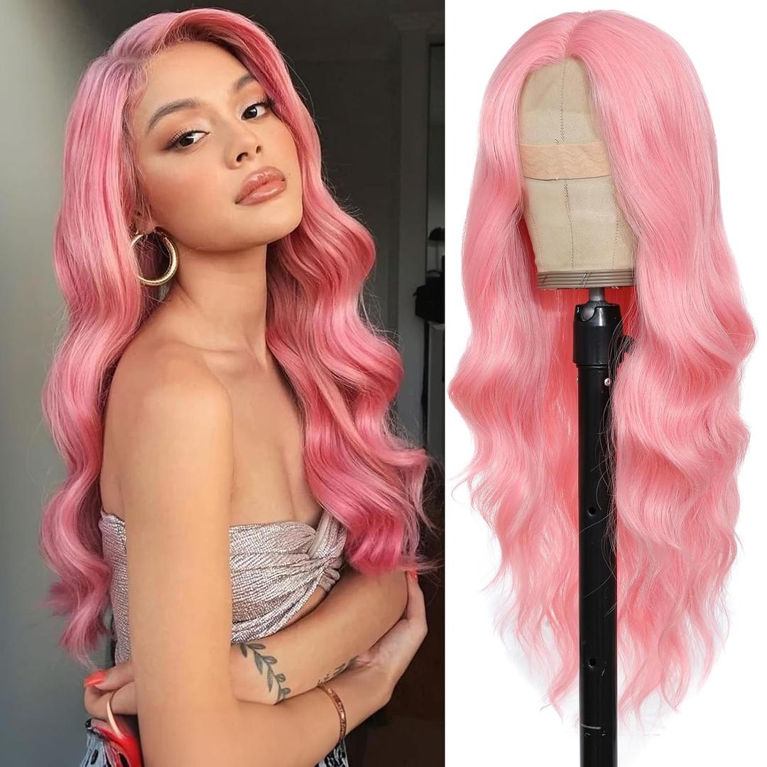 Pink Wig for Women, Pink Wavy Wig Middle Part 26 Inch Light Pink Wigs Natural Looking Heat Resistant Synthetic Wigs for Daily Party Use