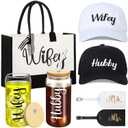7 Pcs Wedding Gifts for Bride and Groom Sets, Bridal Shower Gifts Include Glass Cup, Tote Bag, Baseball Hat, Luggage Tags(Hubby, Wifey)