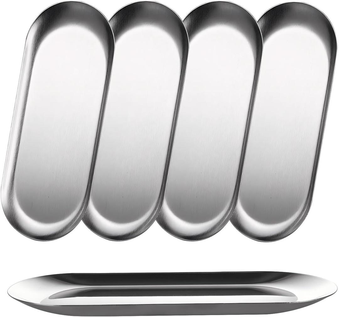AKOLAFE 5PCS Stainless Steel Serving Tray Set Silver Platters for Serving Food Party Large Metal Trays Decorative 12" Long Plate Oval Storage Tray Thickened Serving Dishes for Entertaining Sushi Snack
