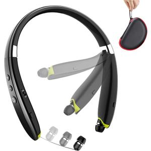 BEARTWO Bluetooth Headphones, Upgraded Foldable Wireless Neckband Headset with Retractable Earbuds, Noise Cancelling Stereo Earphones with Mic for Workout, Running, Driving (with Carry Case) (Black)