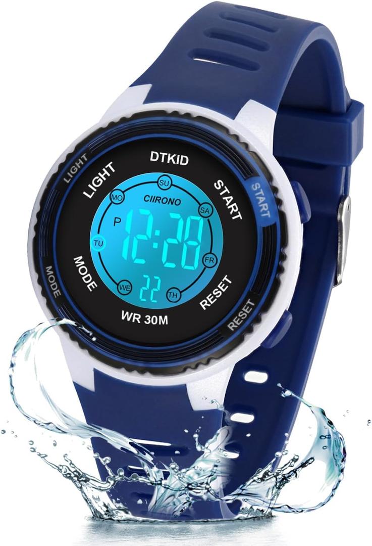DTKID Digital Kids Watch 30 M Waterproof, 7 Color Lights Time Teaching Watch Easy to Read for Girls Boys 5-16 (dark blue)