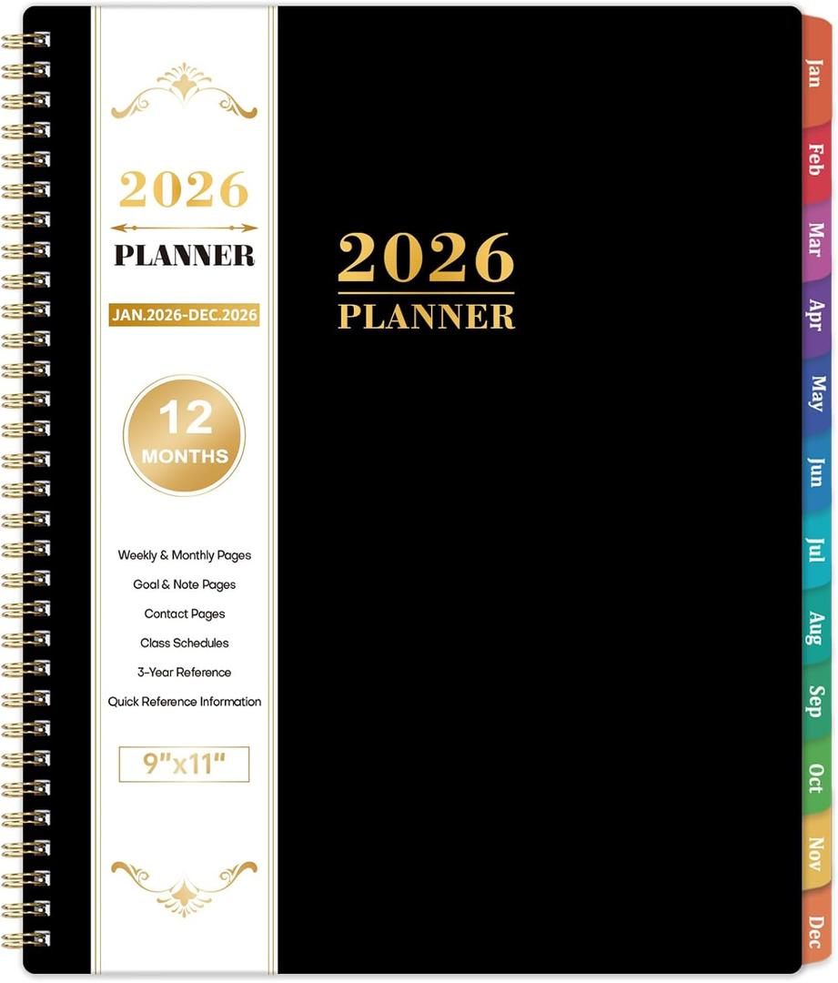 2026 Planner - Planner 2026, Jan.2026 - Dec.2026, 9"x11", 2026 Planner Weekly and Monthly with Colorful Sticky Tabs + Class Schedules + Contacts + Twin-Wire Binding - Black