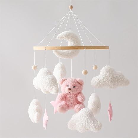 EERKEOD Baby Crib Mobile Bear Nursery Mobile for Boys Girls Teddy Velvet Mobile Nursery Decor for Infant Bedroom Hanging Baby Mobile for Bassinet Newborn Baby Gift（Pink Bear）