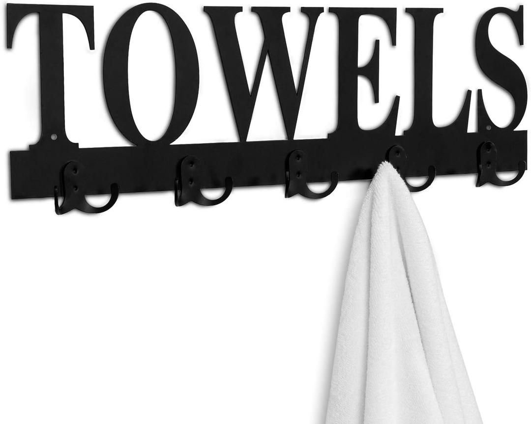MyGift Wall Mounted Black Metal Towel Rack with 5 Dual Hooks and Cut Out Towels Design, Decorative Hanging Towel Hooks