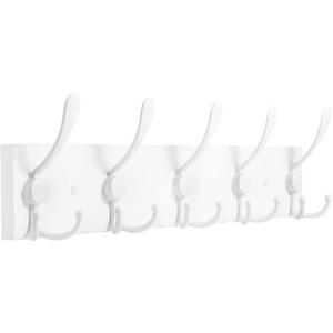 Kuhome Coat Rack Wall Mount Coat Hooks Wooden Hat Rack for Wall Hooks Pine Real Wood Plank 16.9" White Coat Hanger with 5 White Triple Hooks for Hanging Coat Hat Jacket