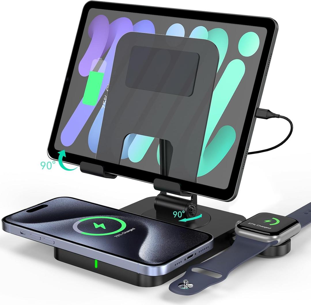 3 in 1 Wireless Charger for Apple Charging Station for iPhone Mag Safe Charger for iPhone 16 Pro Max/ 15/ 14/ 13/ 12, Foldable Watch for Apple Watch 10/ 9, Rotating Stand for iPad Charging Station (Black)