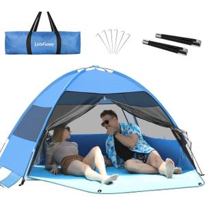 Large 3-4 Person Beach Tent - UPF 50+ Anti-UV, Easy Setup with Extended Floor & Mesh Windows, Portable for Camping Fishing (Blue)