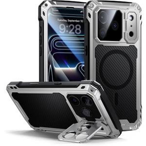 Lanhiem for iPhone 17 Pro Metal Case with Kickstand, Compatible with MagSafe, Built in Tempered Glass Screen Protector, Heavy Duty Shockproof Rugged Phone Cases, Full Body Tough Cover 6.3" (Silver)