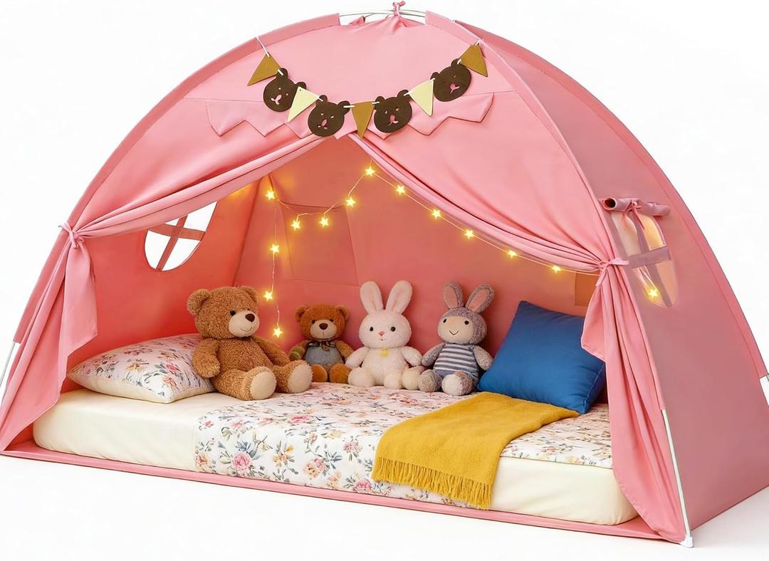 Twin Bed Tent for Kids, Girls Bed Tent Canopy Sleeping Tent Breathable Privacy Space Dream Playhouse with Stars Light & Flags, Toddler Indoor Floor Play Tent for Girls, Birthday Children‘s Gift, Pink