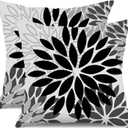 DFXSZ Black Grey Flower Pillow Covers 18x18 Inch Set of 2 White Gray Colored Throw Pillows Outdoor Waterproof Decor for Living Room Sofa Patio Funiture Garden Floral Polyester Pillow Covers 002I18