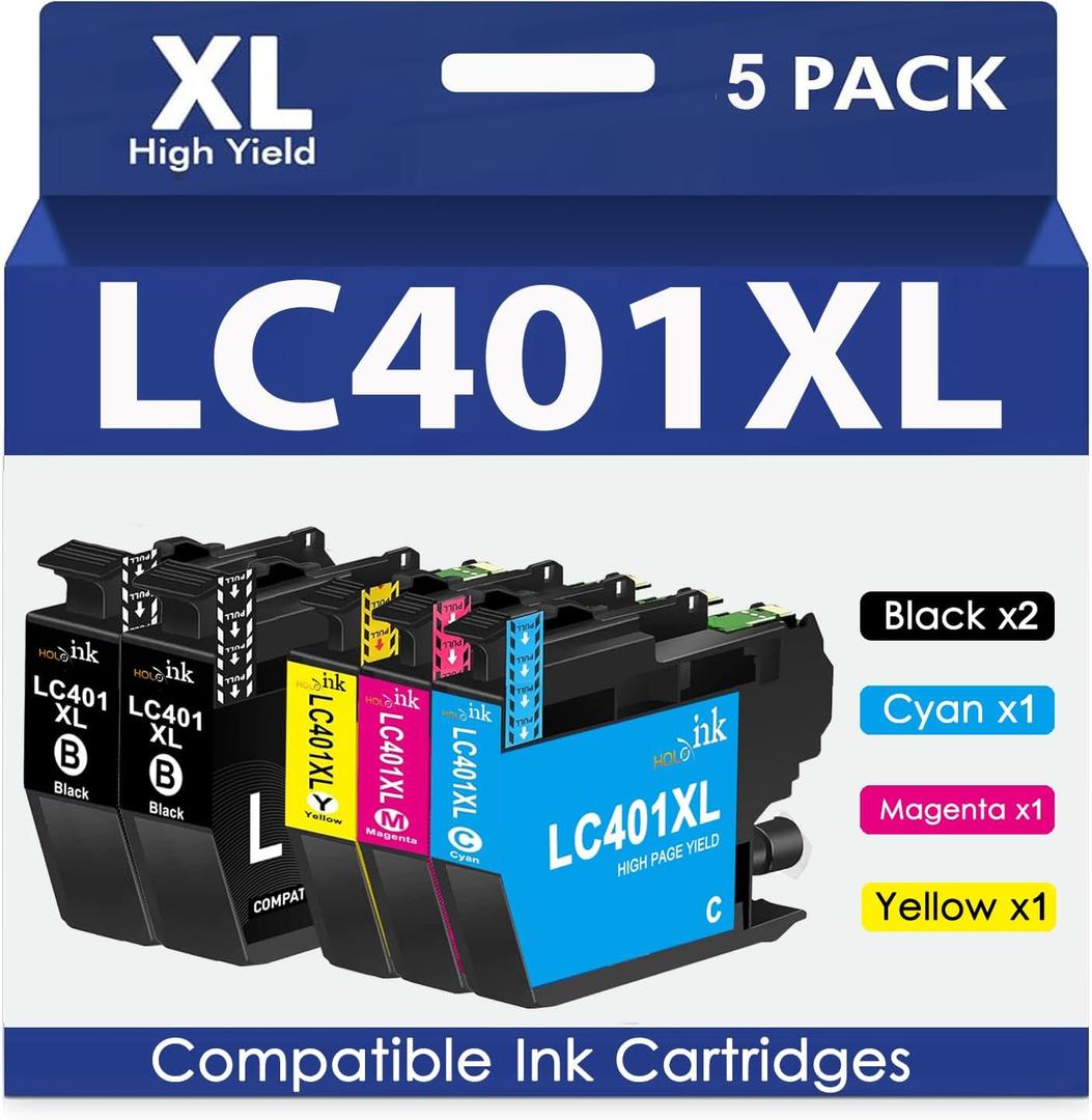 LC401XL Ink Cartridges for Brother Printer: Compatible for Brother LC401 401XL Ink cartridges with MFC-J1010DW MFC-J1170DW MFC-J1012DW MFC-J1800DW (5 Pack, 2 Black Cyan Magenta Yellow)