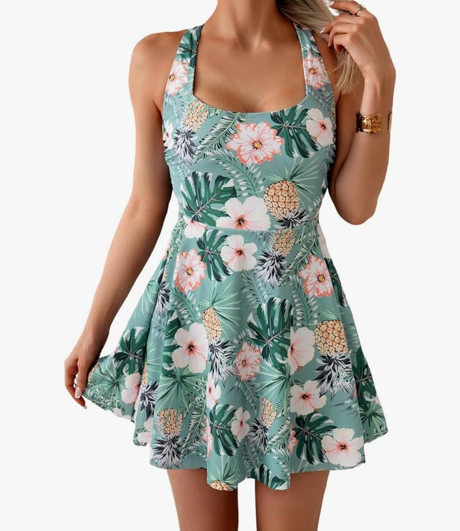 B2prity Women's One Piece Swimdress Swimsuit Tummy Control Swim Dress Modest Full Coverage Bathing Suit with Side Pocket XL