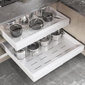 Seinloes 2 Pack Pull Out Cabinet Organizer 24" Deep,Full Extension 3 Slide Rails Slide Out Drawers With Raising Pad for Framed Cabinets,Expandable Width (15.4"-26.2"),No Drill Roll Out shelf,White