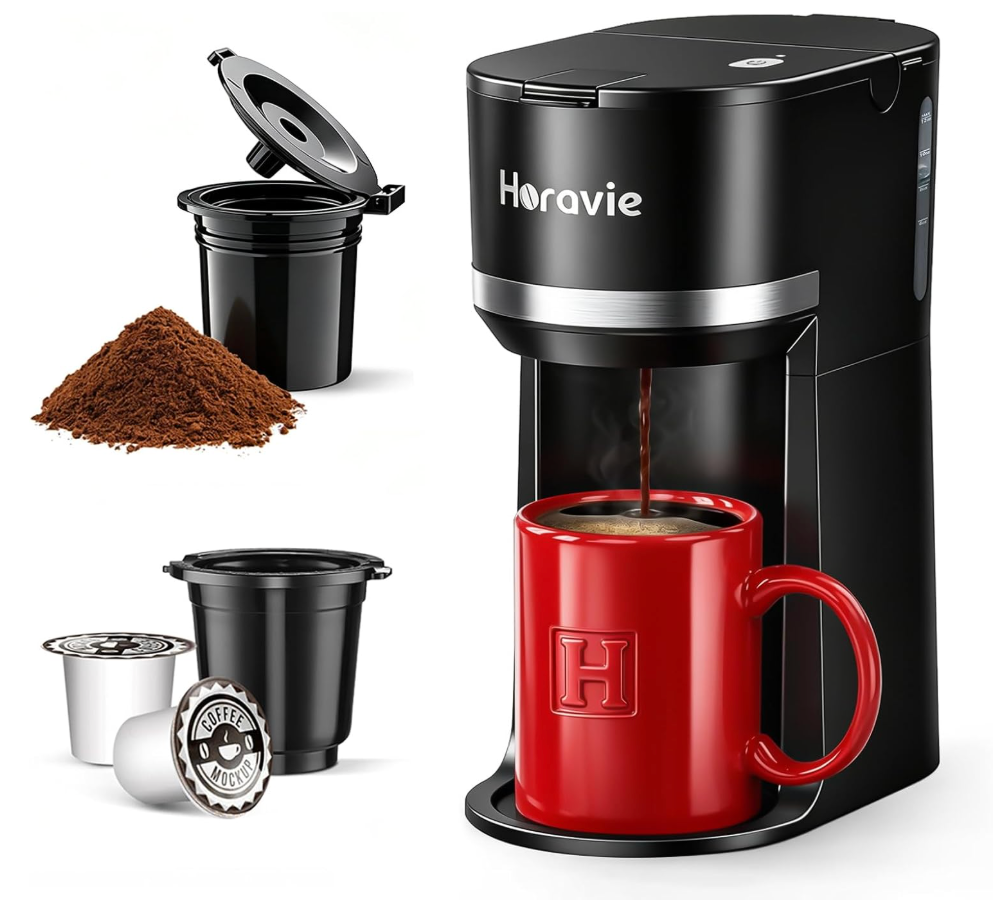 Horavie Small Single Serve Coffee Maker for K Cup and Grounds, Fast Brew One Cup Coffee Machine with One Button, 6 to 12 oz. Brew Sizes, Perfect for Home and Travel, Black
