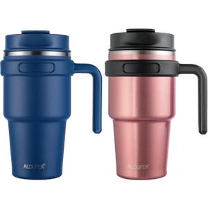 ALOUFEA 20 oz Insulated Coffee Mug Tumbler with Handle, Stainless Steel Travel Mug Tumbler with Lid and Straw,Double Wall Vacuum Leak Proof Ice Coffee Thermal Cup, Navy/Rose Gold