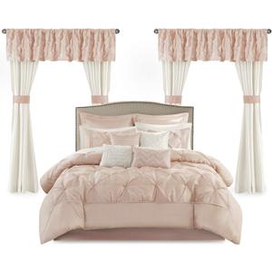 Madison Park Essentials Room in a Bag Faux Silk Comforter Set-Luxe Diamond Tufting All Season Bedding, Matching Curtains, Decorative Pillows, Queen(90"x90"), Blush 24 Piece (MPE10-809)