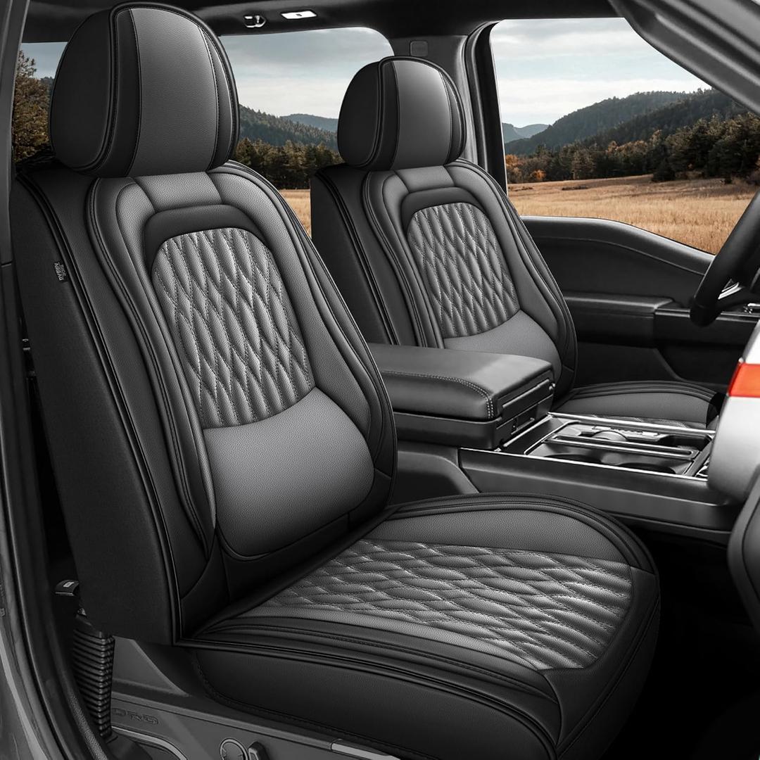 Front Ford F150 2009-2026 Seat Covers F250/F350/F450 2017-2026 Leather Car Seat Covers Full Set Car Seat Cover for Crew Cab XL XLT Lariat King Ranch Platinum with Lumbar Support(Black&Gray)