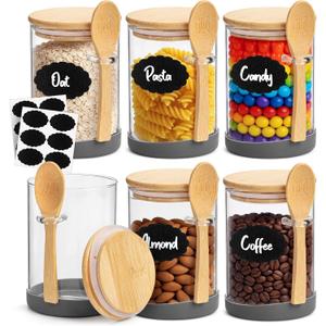 BAMBOO LAND- Glass Jars with Bamboo Lids and Spoons Set, 19 Oz, Set of 6, Glass Containers with Bamboo Lids Airtight for Loose Tea, Brown Sugar, Candy, Nuts