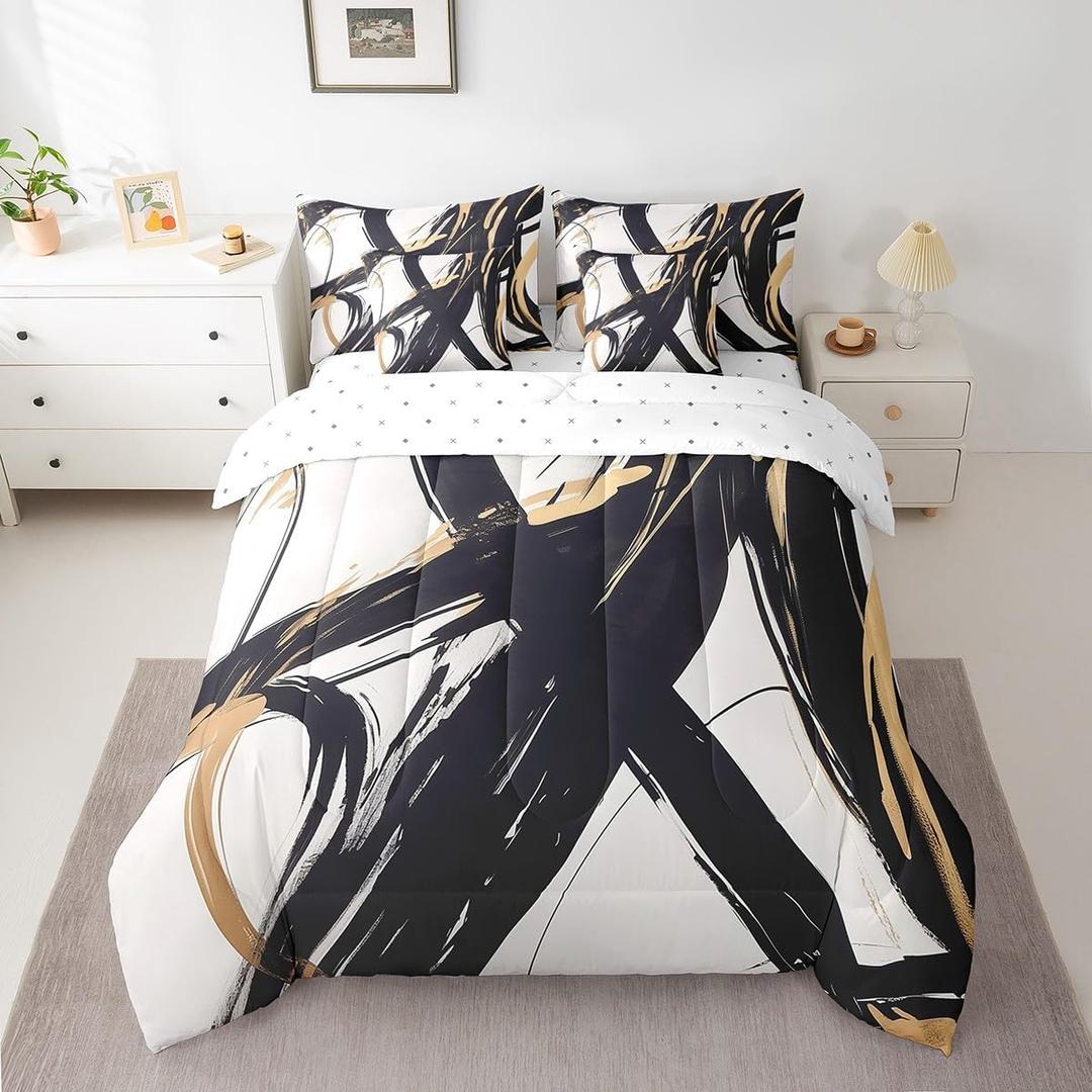 Feelyou Black Gold Abstract Art Line 7 Piece Bedding Set King Size Modern Geometric Print Comforter Set with Sheets for Kids Boys Girls Bedroom Decor Minimalist Ink Line Bed in a Bag Soft Bed Set