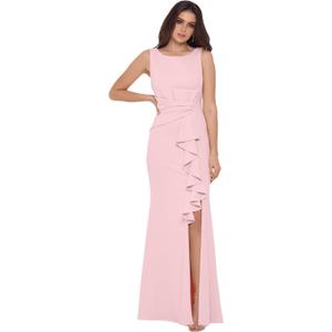 Betsy & Adam Women's Long Sleeveless Boat Neck Ruffle Side Slit Scuba Crepe Gown (Size 16)