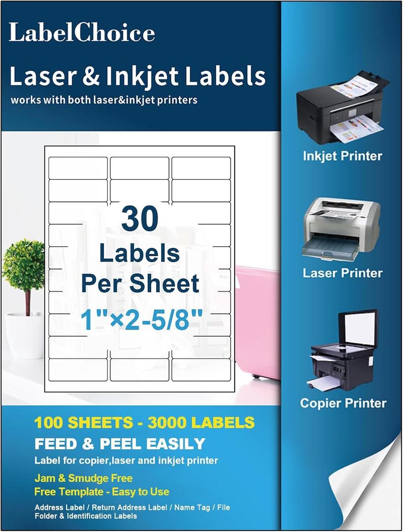 100 Sheets 3000 Pcs 30-up 1" x 2-5/8" Shipping Address FBA Labels for Laser & Inkjet Printers, 30 Up Labels 1 x 2-5/8 on US Letter,30 per Sheet Return Address Stickers, 30 per Page