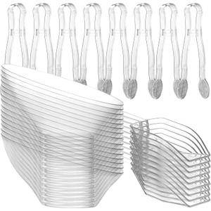 6 oz Clear Plastic Dessert Bowls (16 Pcs) with (8) Scoops and (8) Tongs, Angled Hard Disposable Ice Cream Bar Cups and Candy Buffet Containers Set for Serving Food, Appetizers, Buffets, Party Supplies
