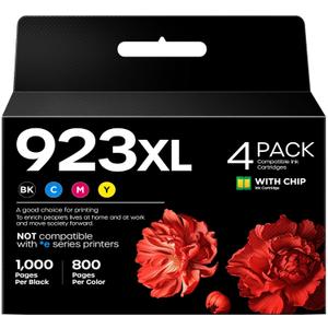 923 923XL Ink Cartridges Combo Pack (with Chip) Replacement for HP 923 Ink Cartridges Compatible with HP OfficeJet Pro 8120 8123 8130 8133 Printers (Black/Cyan/Yellow/Magenta, 4 Pack)