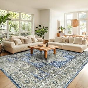 RELEANY 9x12 Area Rug Low Pile Carpet Non Slip Doormat Machine Washable Area Rugs for Living Room Bedroom Kitchen Hallway Dining Room Entrance Indoor-Blue