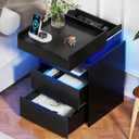 LED Night Stand with Gun Drawer, Smart Nightstand with Hidden Charging Station, Modern Beside Table with USB and Type-C Port End Table for Bedroom (Black)