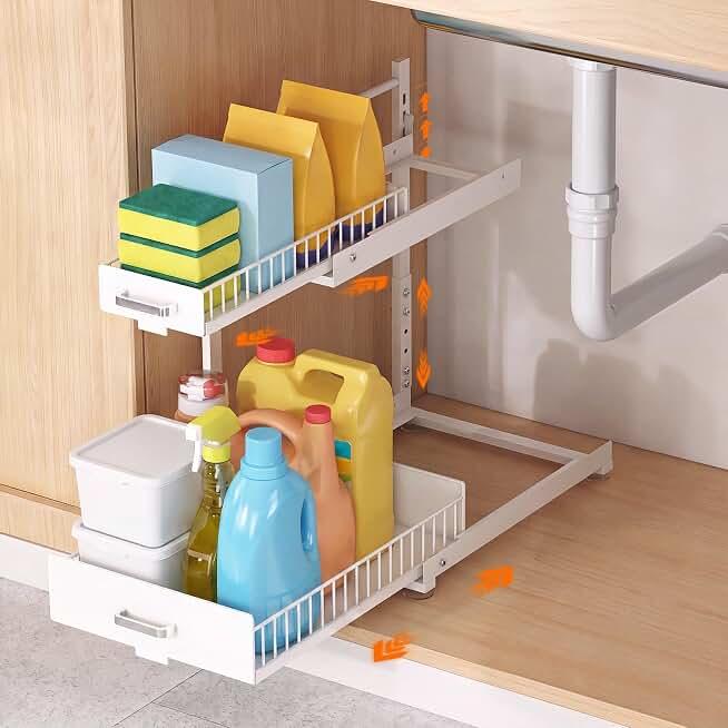 Under Sink Organizer, 2 Tier Slide Out Cabinet Organizer with Pulley, Height Adjustable Pull Out Shelf for Kitchen, Bathroom, Laundry and Utility Storage, White, 1 Pack