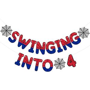 TaoBary Spider Theme 4th Birthday Banner, Pre-strung Swinging into 4 Banner, Ghost Spider 4th Birthday Decorations Party Supplies for Kids, Fourth Decor for 4 Year Old Boys Girls (Red and Blue)