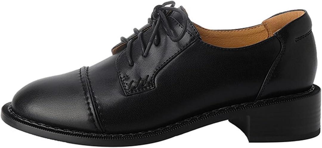 Women's Perforated Classic Lace-up Oxfords Brogue Wingtip Round Toe Derby Saddle Leather Shoes for Women Girls Lady Wife Black 7