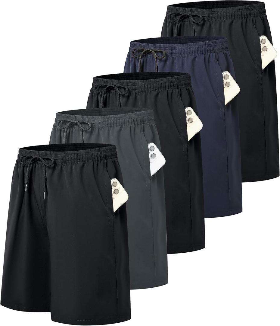 5 Pack Mens Athletic Gym Workout Shorts Quick Dry Basketball Running Lightweight Shorts with Pockets (Large, 3 Black 1 Blue 1 Gray)