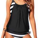 Yonique Tankini Swimsuits for Women Blouson Swim Tops with Bikini Bottoms Athletic Two Piece Bathing Suits Double Up Swimwear (Medium, A Charming Black White)