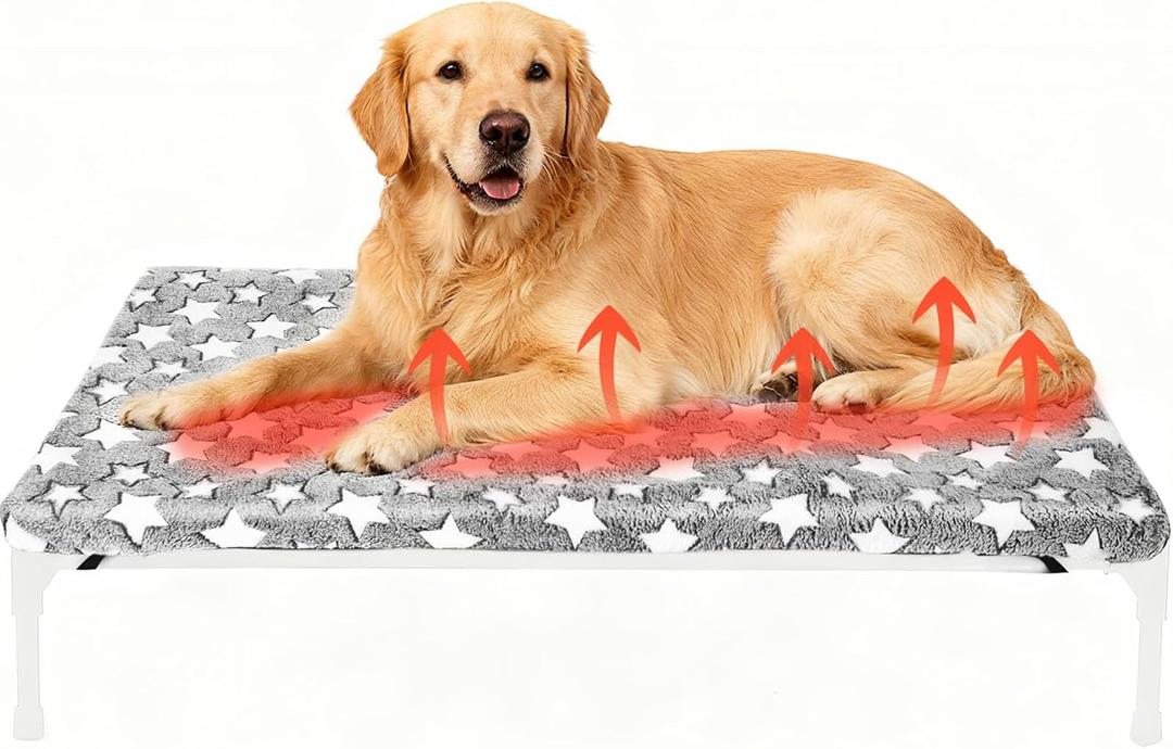 Large Self Warming Dog Bed Pad for Elevated Dog Bed Replacement Self Heating Warm Raised Cot Pad Mat with Corner Strap Removable Washable Soft Plush Cover Non-Slip Bottom Star(42 x 26 Inches)