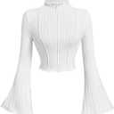 SOLY HUX Women's Mock Neck Bell Long Sleeve Tee Crop Top Lettuce Trim Slim Fit Going Out T Shirt (Medium)