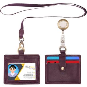Wonderpool Leather Horizontal Badge Holder with Detachable Neck Lanyard and Retractable Badge Reel Clip, Card Slots Case ID Card Holder for ID Badges Card and Driver Licence (Purple)