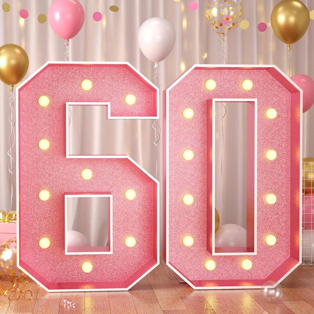 Paready 4FT Marquee 60 Numbers Rose Gold, Light Up Numbers 60 Pink 60th Birthday Decorations, Large Number 60 Light Up Foam Board for Women 60th Birthday Party DIY Decorations Anniversary