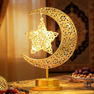 Moon Lamp with Hanging Star, Decorative Crescent Moon Night Light Battery Powered, Retro Metal LED Table Lamp for Bedroom Living Room Boho Home Decor, Gift for Women Birthday Christmas